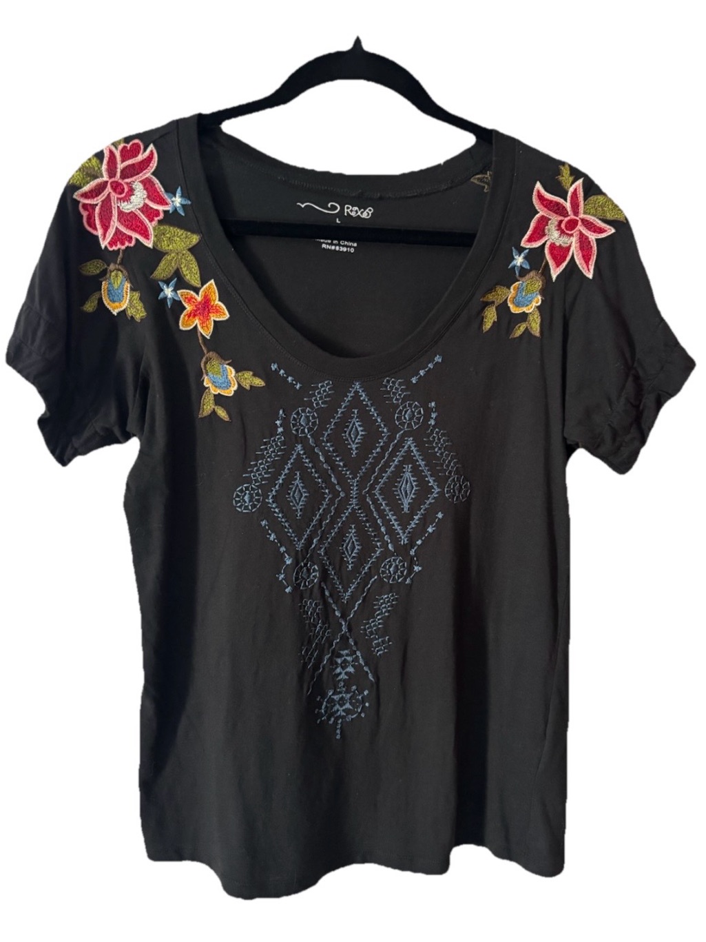 Rxb Womens Black Short Sleeve Blouse Embroidered Flowers Top Large Bohemian